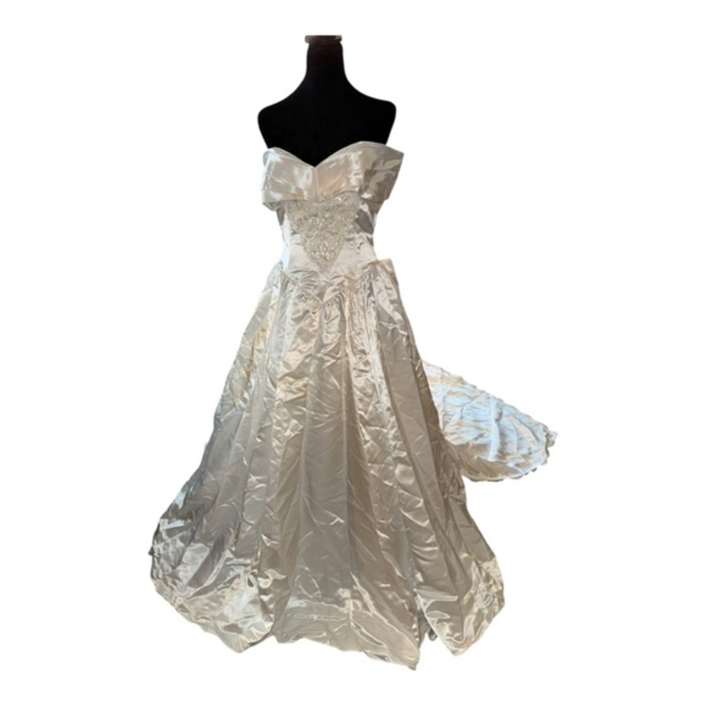 VTG DREAMY JESSICA MCCLINTOCK WEDDING GOWN SATIN REMOVABLE TRAINw/ACENT BOW sz10 - Picture 3 of 16